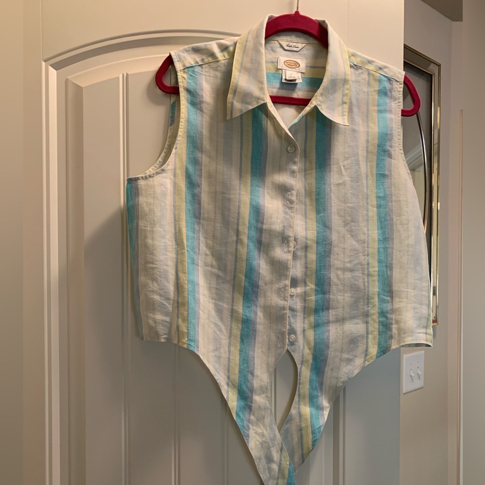 Linen tie hem button front stripe top.